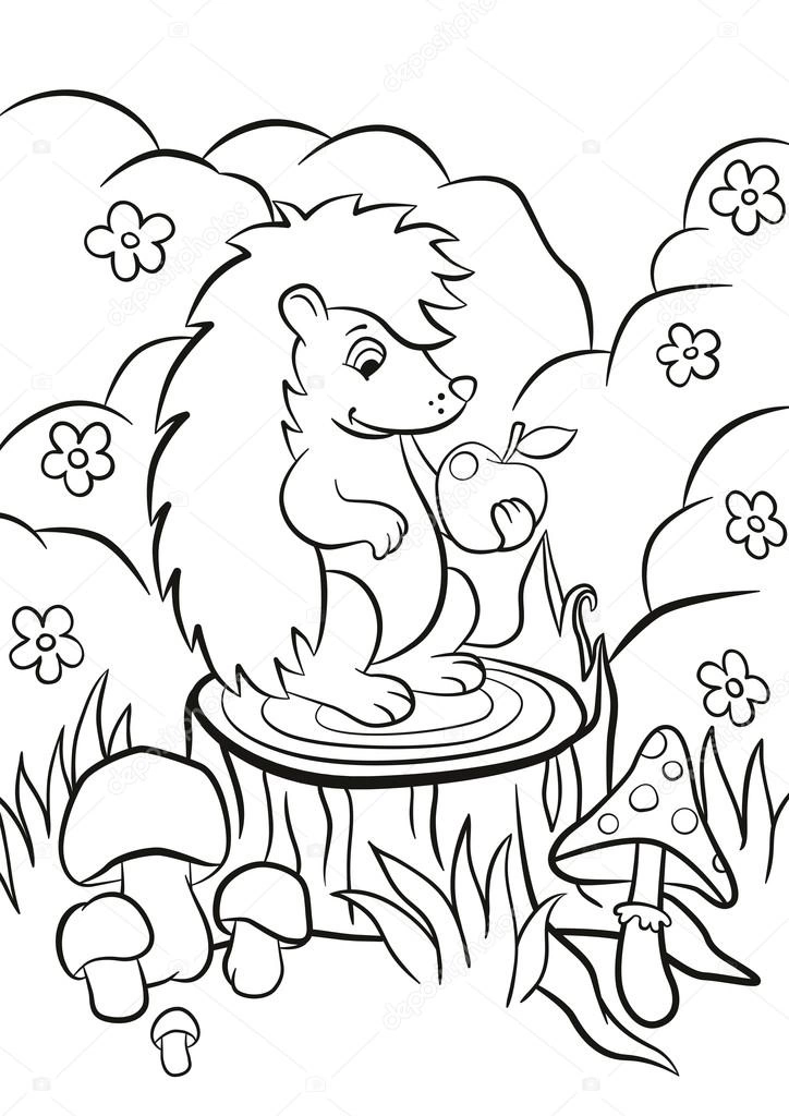 Coloring page hedgehog looks at the apple in surprise
